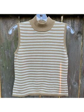 JETAL Mock Turtleneck Sleeveless Striped Knit Top Sweater Silk Cotton